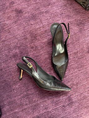 Tory Burch Pointed Toe Slingback Pumps Black Leather 10.5